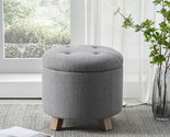 Contemporary round Tufted Storage Ottoman Gray Faux Linen 17.50 x 17.50 ... - £80.75 GBP