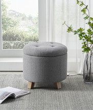 Contemporary round Tufted Storage Ottoman Gray Faux Linen 17.50 x 17.50 ... - £80.92 GBP