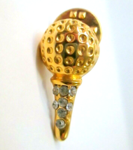 Golf Ball on Tee Lapel Scatter Pin Gold Tone &amp; Rhinestone Vintage Golfer Jewelry - £9.48 GBP