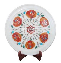 10&quot; White Marble Round Plate Carnelian Malachite Inlay Floral Art Kitche... - £184.26 GBP
