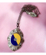 Antique 20s Art Deco Sterling Necklace Enameled Crest Pendant Blue Yello... - £128.32 GBP