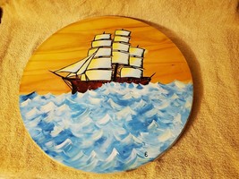 Hand Painted Wooden 18&quot;D x 1&quot; Round Picture Sailing Ship Lots Of Waves 3D Effect - £5.88 GBP