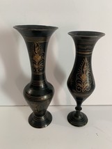 Vintage Matching  Brass Black Gold Hand Etched Flower Design Vases Set of 2 - $16.93