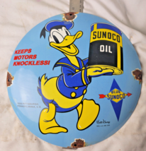 VINTAGE DISNEY SUNOCO DONALD DUCK PORCELAIN SIGN PUMP PLATE GAS STATION OIL - £59.21 GBP