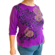 Vtg Jane Ashley Large Purple Graphic Print 3/4 Sleeve Top T-Shirt 100% C... - £9.56 GBP
