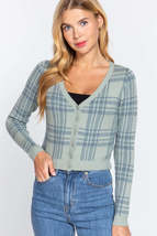 Dusty Sage Green Long Sleeve V neck Fitted Button Down Plaid Sweater Cardigan - £11.95 GBP