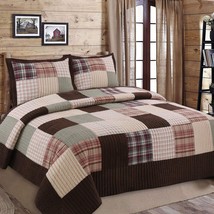 Brody Farmhouse Chocolate Plaid Striped Real Patchwork Reversible Quilt Bedding  - £129.74 GBP
