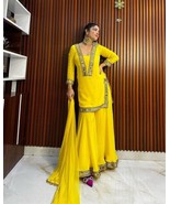 Haldi yellow mirror lace work kurti with sharara set,dress for haldi,dai... - £45.55 GBP