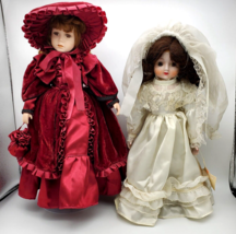 Vintage Dolls Porcelain Bisque Red Velvet Dress Wedding Doll Veil With Stands VG - £26.53 GBP