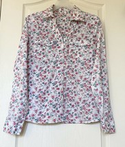 V-Neck White Floral Shirt with Pink, Teal, and Orange, Roll Up Sleeves, ... - £11.95 GBP