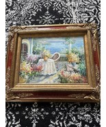 VTG Beautiful Original Oil Hand Painted on Canvas Garden Terrace Signed ... - $279.57