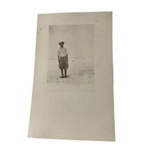 1900's RPPC Boy w/Suspenders Shorts Hat Standing on Sand on Beach w/Ocea... - $25.65