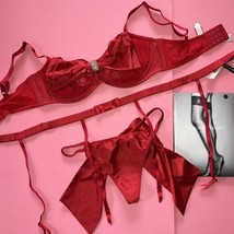 Victoria&#39;s Secret 34D,36C,36DD,36DDD,38DDD Bra Set+Garter Red Satin Bow Crystal - £93.42 GBP