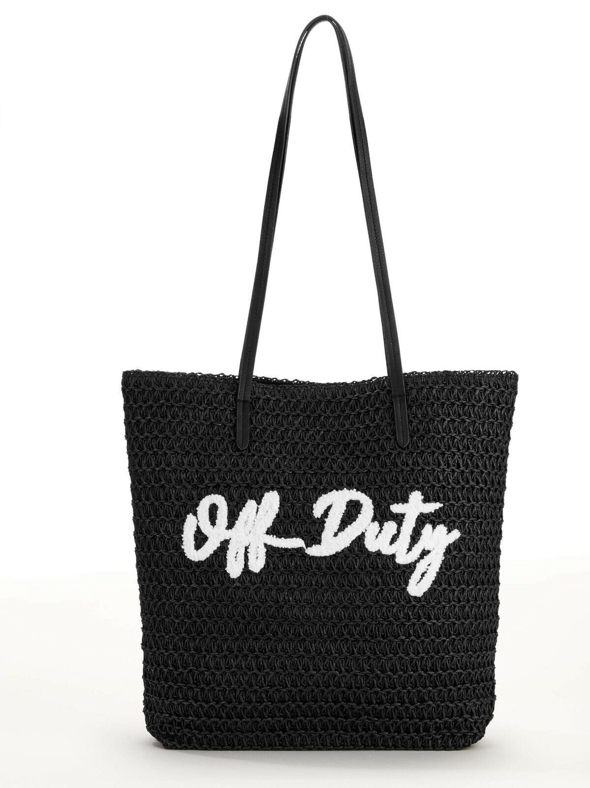 Time And Tru Beach Packable Straw Tote Shoulder Bag Black Off Duty New - $17.41