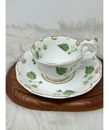 Antique Victorian DAVENPORT Pottery Tea Cup &amp; Saucer Green &amp; Gold Leaf P... - $49.99
