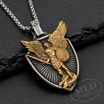 Saint St Michael Warrior Medal Stainless Steel Pendant Necklace Religious Gold - £15.17 GBP