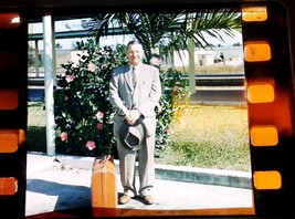 1962 Businessman Florida Train Station w Leather Samsonite Suitcase Color Slide - £2.23 GBP