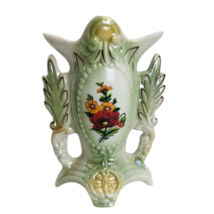 Vintage Brazilian Lustreware Pottery Vase Green Luster Orange Red Flowers - £12.11 GBP