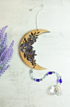 Floral Moon Suncatcher, Blue Speckled and Wooden with sparkling beads - $35.14