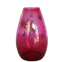 Vintage MCM art glass pink cranberry vase with gold starburst details - $39.99