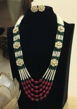 Bollywood Indian Kundan Polki Jewelry Bridal Long Haram Necklace Red Flower Set - £152.34 GBP