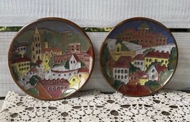 2 Handmade Vtg Redware Pottery Budapest Hungary Village Plates 6.5&quot; Decor by ML - £31.81 GBP