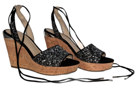 Guess Womens Cork Platform Wedge Shoes Sandals Ankle Tie Black Silver Embellish - £20.98 GBP