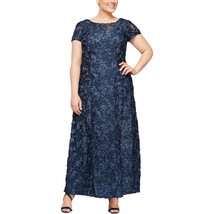 Alex Evenings Womens Plus 14W Sequined Rosette Formal Dress Navy - $128.69
