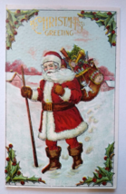 Santa Claus Postcard Saint Nick Walking In Snow Walking Stick Carrying Toys - £10.02 GBP