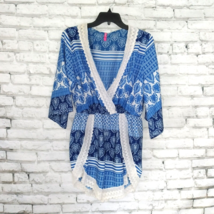 Special One Romper Women Large Blue Multi Print Bell Sleeve Crochet V Neck Boho - £15.79 GBP