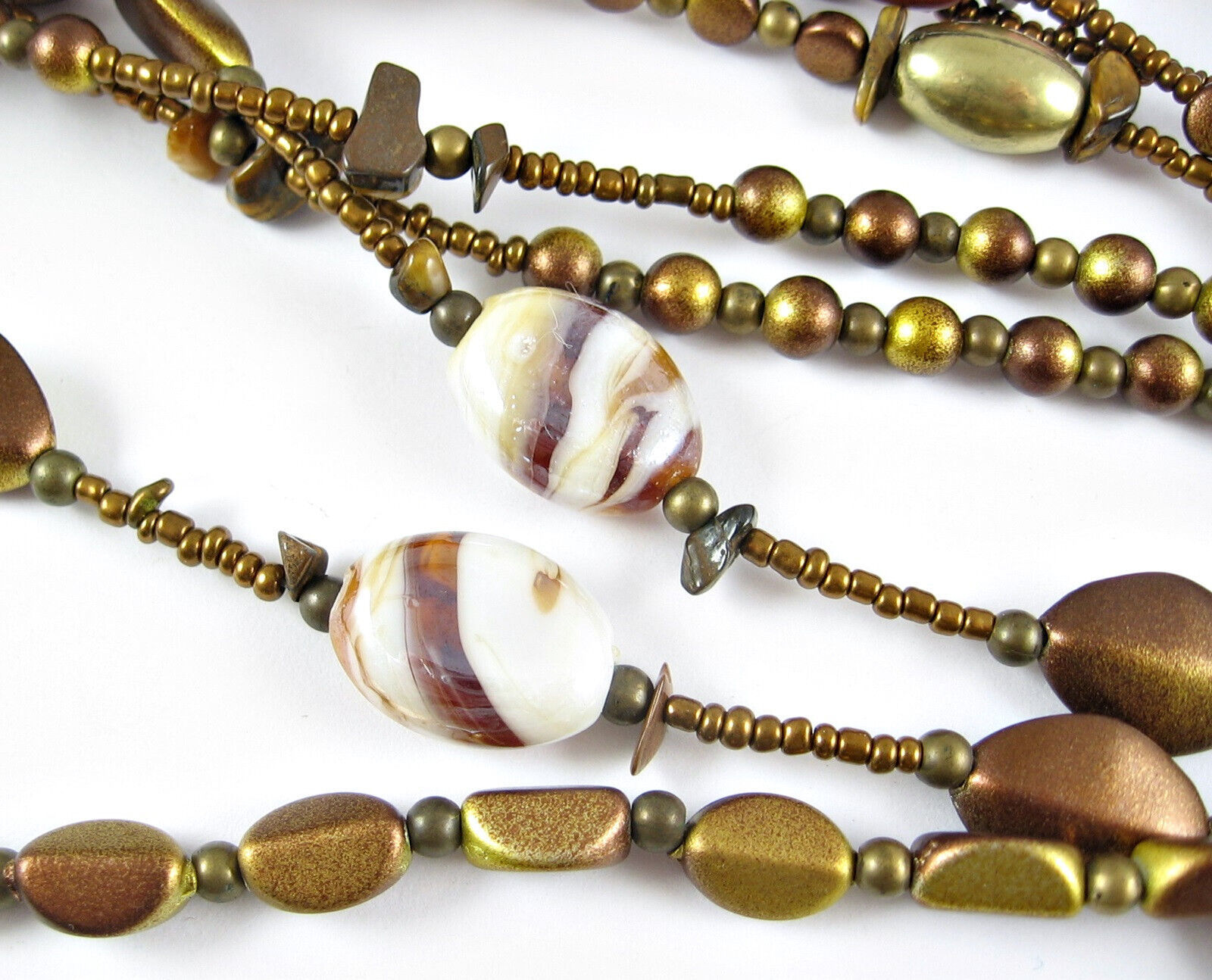 Primary image for 4 Strands GLASS Seedbead NECKLACE Vintage Coppertone Tigers Eye Stone Beaded 34"