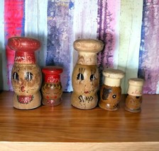 Salt and Pepper Shakers Wooden Red &amp; White Hat &amp; Painted Faces + Mouse Vintage - £11.62 GBP