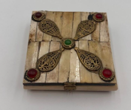 Ornate Jewelry Trinket 5.5&quot; Square Box Brass Filigree Glass Red Green Je... - $17.81