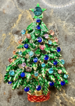 Vintage Pastel Christmas Tree Brooch Aqua Pink Blue Rhinestone Holiday Pin - $24.74