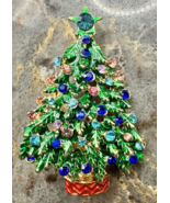 Vintage Pastel Christmas Tree Brooch Aqua Pink Blue Rhinestone Holiday Pin - $24.74
