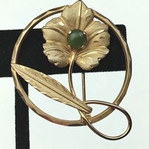 Curtis Creations Gold Filled Leaf Brooch with Jade Stone Signed CC 12k GF Round - $23.36