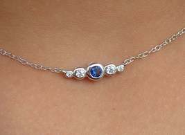 1.40Ct Round Bezel Blue Sapphire &amp; Diamond Pendant Necklace 14k White Gold Over - £74.13 GBP