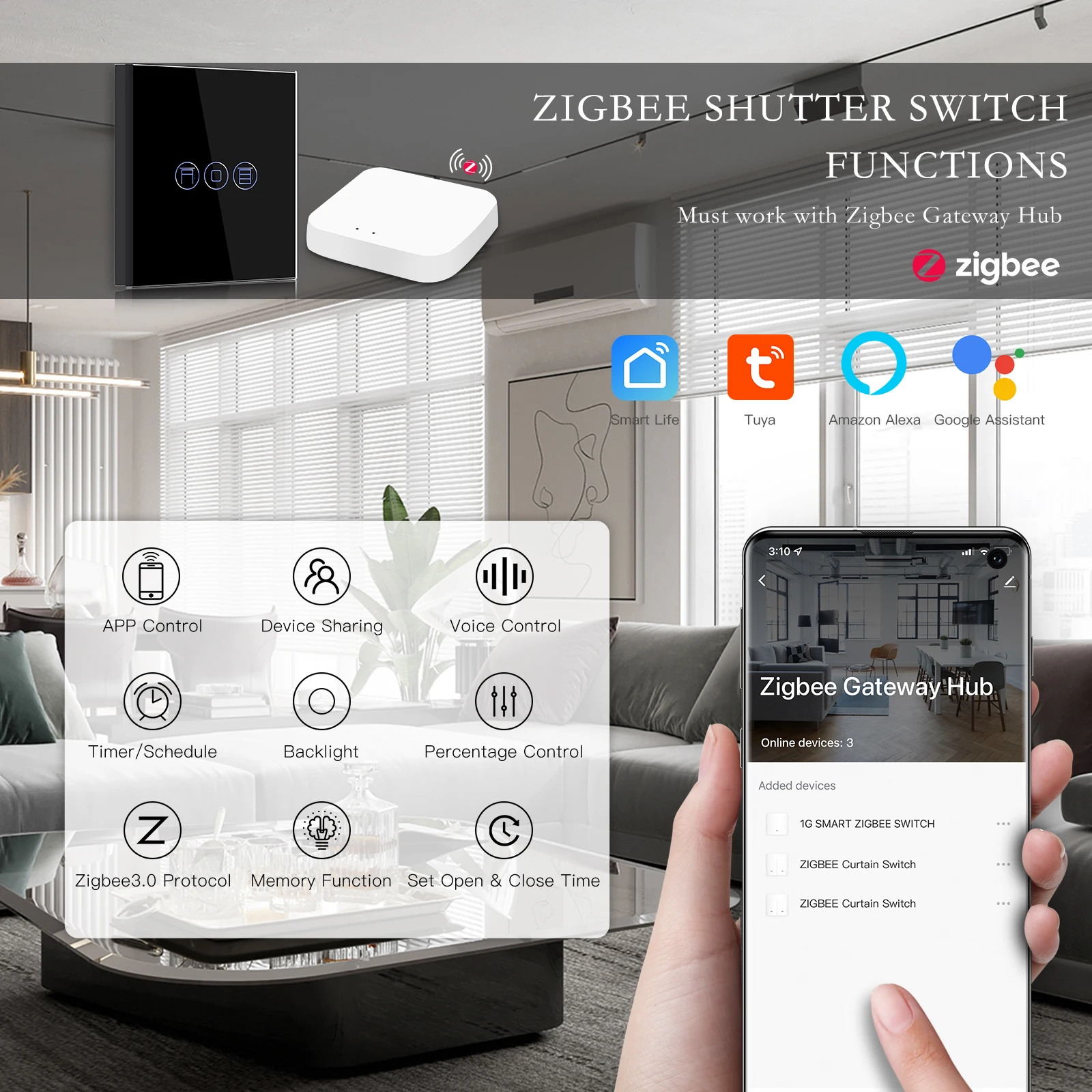 House Home BSEED EU Zigbee Smart Touch Blinds Switch Electric Wall Roller Shutte - £55.08 GBP