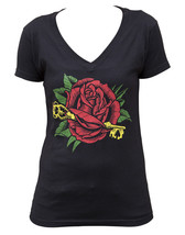 Black Market Art Ruby Rose Black V-neck Tee Tattoo Skeleton Key Top S-M-... - $16.95