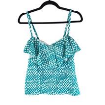 Catalina Tankini Top Flounce Ruffle Molded Cups Shelf Bra Geometric Teal Blue L - £4.67 GBP