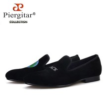 new British style handmade men smoking slippers black velvet shoes with two embr - £175.54 GBP