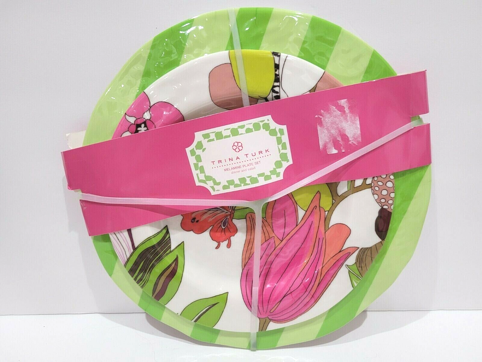 Trina Turk Floral Green Pink Melamine Dinner &amp; Salad Plate Set 2pc - $25.99
