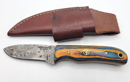 Damascus Steel Fixed Blade Wood Handle Infinity USA Knife &amp; Sheath Hunting Brown - £99.73 GBP