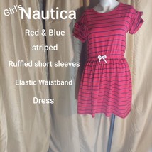 Girl&#39;s red / Navy Striped Dress/ Size L 12-14 - £7.99 GBP
