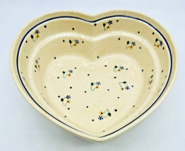 Country Meadow Polish Pottery Heart Shaped Floral Polka Dots Serving Bowl 8.75&quot; - £27.33 GBP