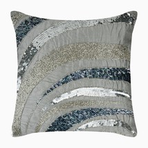 Gray Art Silk 16&quot;x16&quot; Sequins And Beaded Spiral Pillows Cover, Silver Bands - £30.24 GBP+