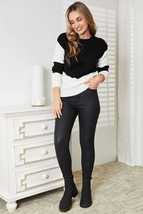 Double Take Two-Tone Black White Openwork Long Sleeve Rib-Knit Sweater - £30.81 GBP