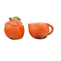 Vintage Peach Shape Cover Sugar Bowl and Creamer Hand Painted Ceramic - $14.83