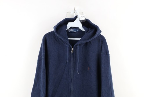 Vintage 90s Ralph Lauren Mens XL Faded Cotton Ribbed Knit Full Zip Hoodie Blue Item image 2