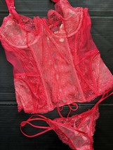 Victoria&#39;s Secret DESIGNER COLLECTION 36C CORSET SET+garter+M thongs RED... - $168.29